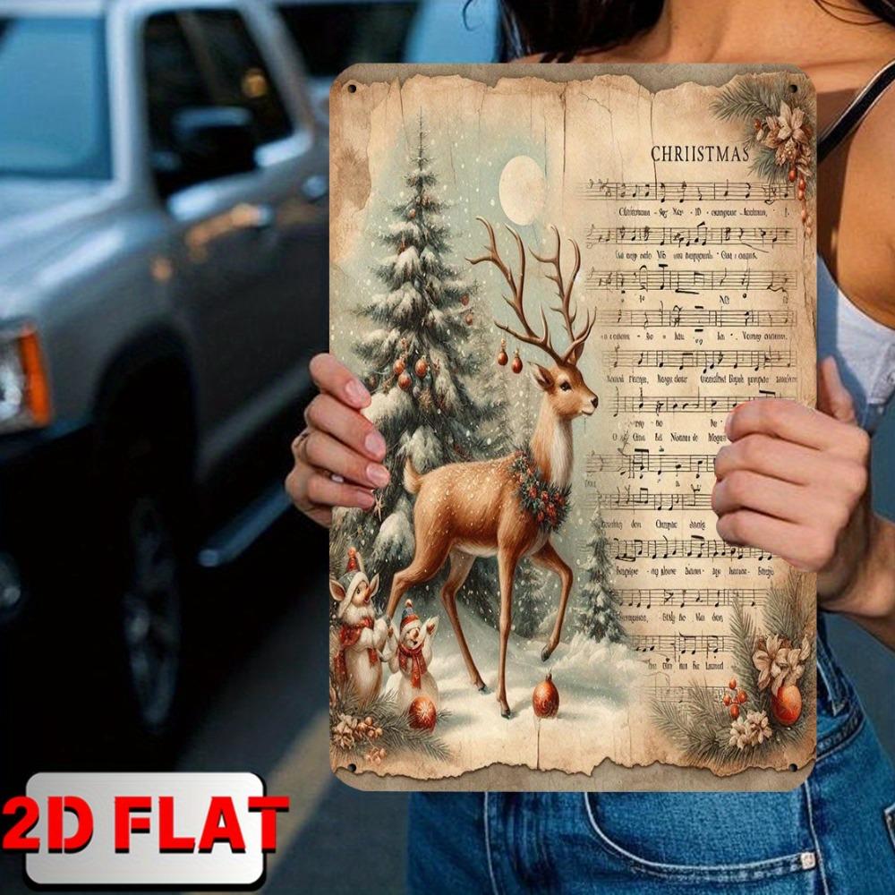 Vintage Christmas Music Sheet Wall Decor: 8x12in Iron Deer & Snowflake Sign, Easy To Hang