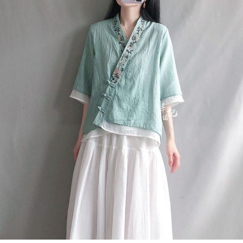 Women's Retro Cotton Linen Frog Button Top - Summer Chinese Tea Ceremony Style with Oblique Lapel and Five-Point Sleeves