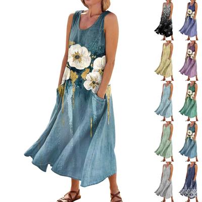 Women's Summer Casual Fashion Retro Printed Sleeveless Round Neck Pocket Dress