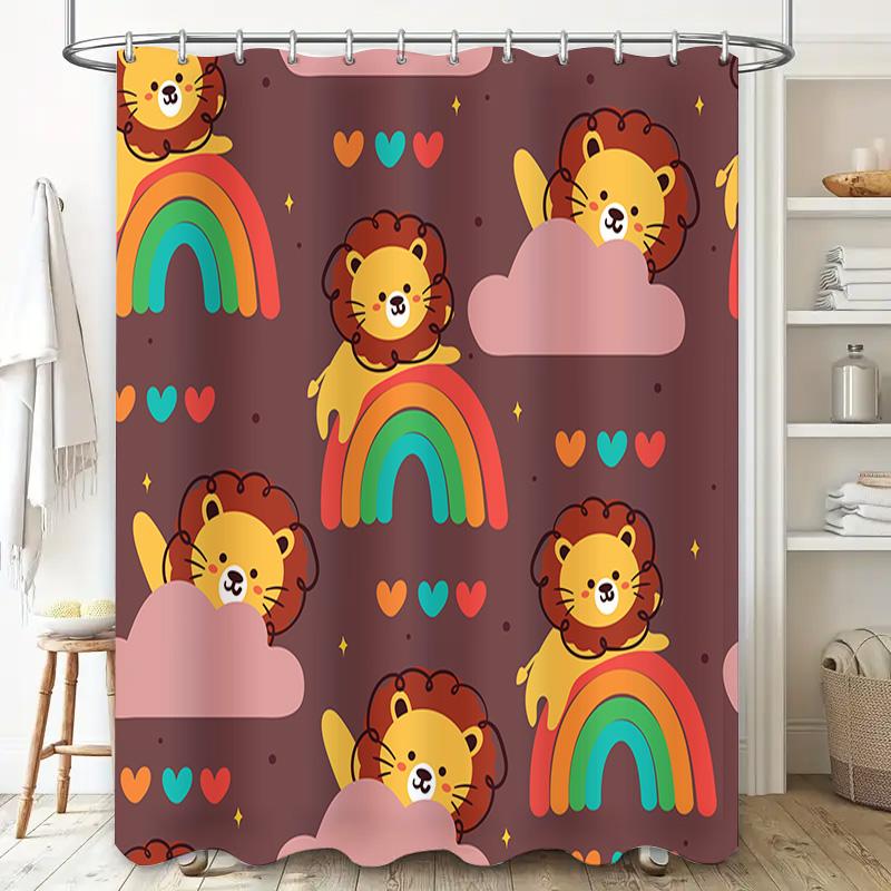 Animal Print Shower Curtains with Rainbow Design Cute Lion and Clouds Decor for Bathroom Made of Waterproof Fabric Easy Hanging