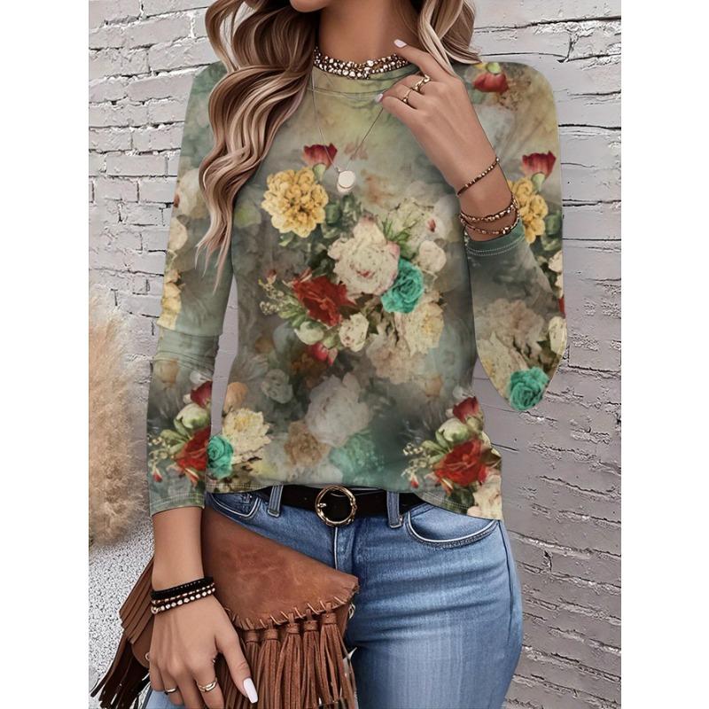 Spring and Autumn Round Neck Flower Pattern 3D Printed Top Fashionable Casual Long Sleeved Women's T-shirts