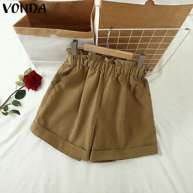 VONDA Summer Women Elastic High Waist Solid Color Casual Loose Shorts Mini Pants