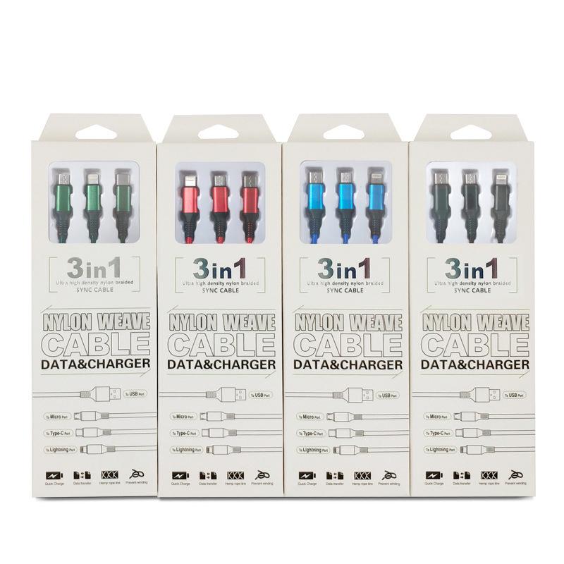 One-to-three Nylon Braided Charging Cable for Apple, Android, Huawei - Fast Charge 3-in-1 Gift