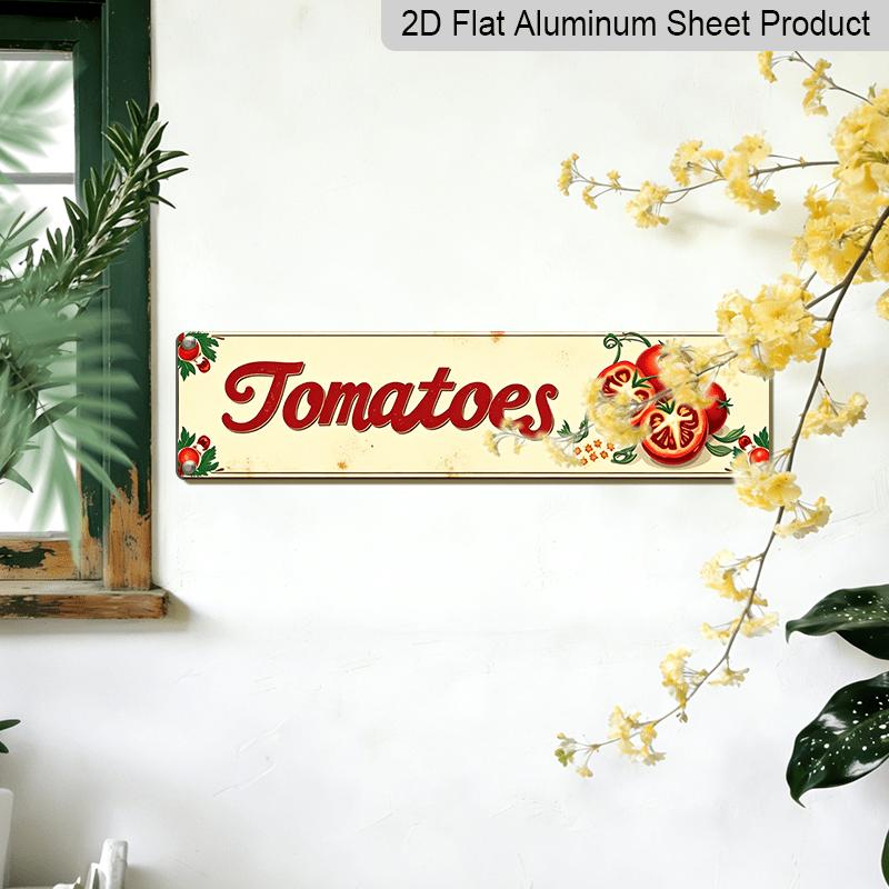 2D Flat, Vintage Fresh Tomatoes Illustration. Metal Wall Sign - Aluminium Decorative Sign, 15.7×3.94inch Retro Wall Art Suitable for Home, Bar, Cafe