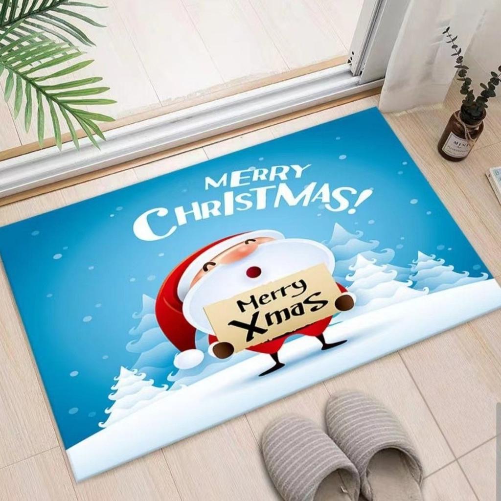 Christmas Themed Door Mat with Santa Claus Elk Snowman Pattern Non Slip Absorbent Indoor Outdoor Welcome Mat for Home Decor