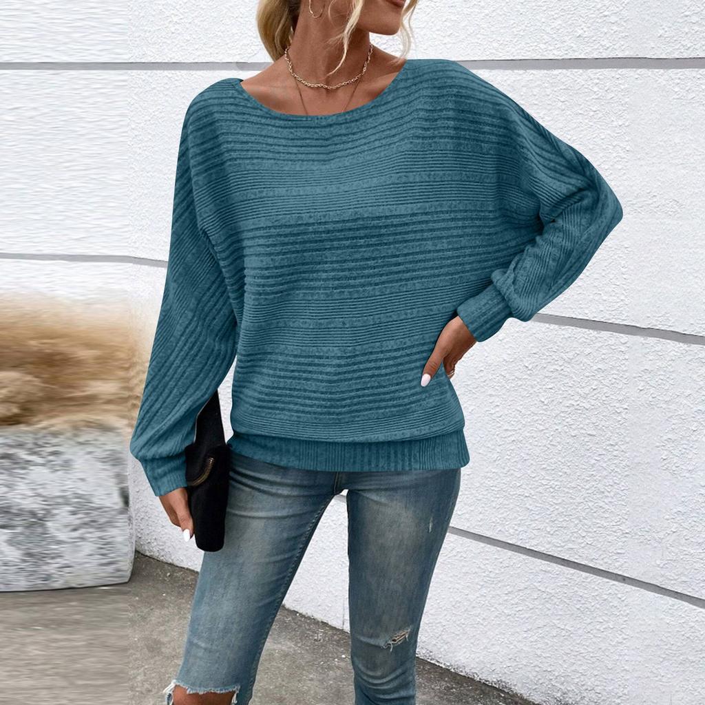Women's Fashionable Solid Color Round Neck Long Sleeved Casual Pullover T-shirt Top