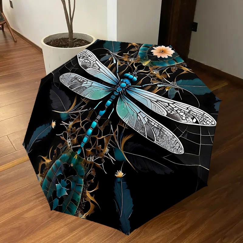 1 szt. Parasol z motywem ważki, automatycznie otwierany/zamykany, wiatroodporny, 8-żebrowy, wytrzymały czasza, trwałe żebra, modny design, akcesorium zewnętrzne, zabawny nadruk