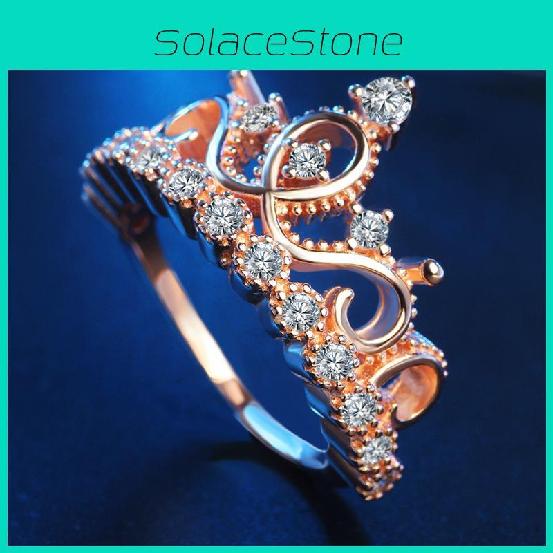 Elegant Rose Gold Plated Korean Crown Ring With Sparkling Gemstones For Women Fashion Jewelry