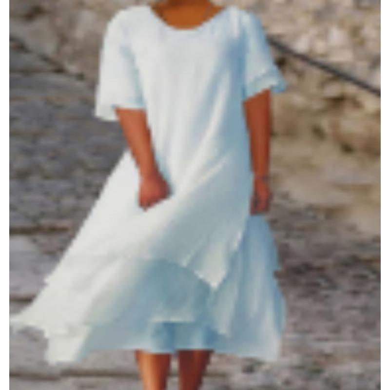 Summer Cotton and Linen Double-layer Color Blocked Slit Short Sleeved Round Neck Dress