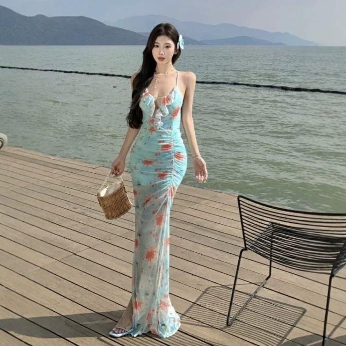 Sweet and Spicy High Split Slim Fit Halter Dress Summer Photo Beach Skirt Seaside Vacation Atmosphere Skirt