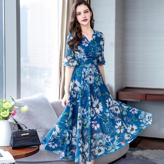 Women's Casual Flowy Chiffon Maxi Dress A-line Ruffle Short Sleeve V Neck Long Dress Boho Floral Summer Dress