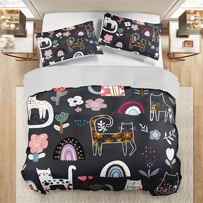 3pcs Cat & Floral Print Bedding Set - Includes 1 Duvet Cover and 2 Pillowcases, Breathable Polyester, Machine Washable - Perfect