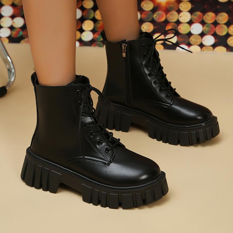 Lucyever Chunky Platform Women's Ankle Boots 2024 Pu Leather Thick Sole Combat Boots Woman Plus Size Lace Up Short Booties Mujer