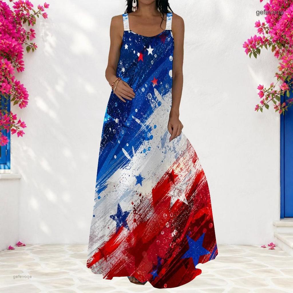 Women Plus Size Scoop Neck Strappy Sleeveless A Line White Red Printed Maxi Dress