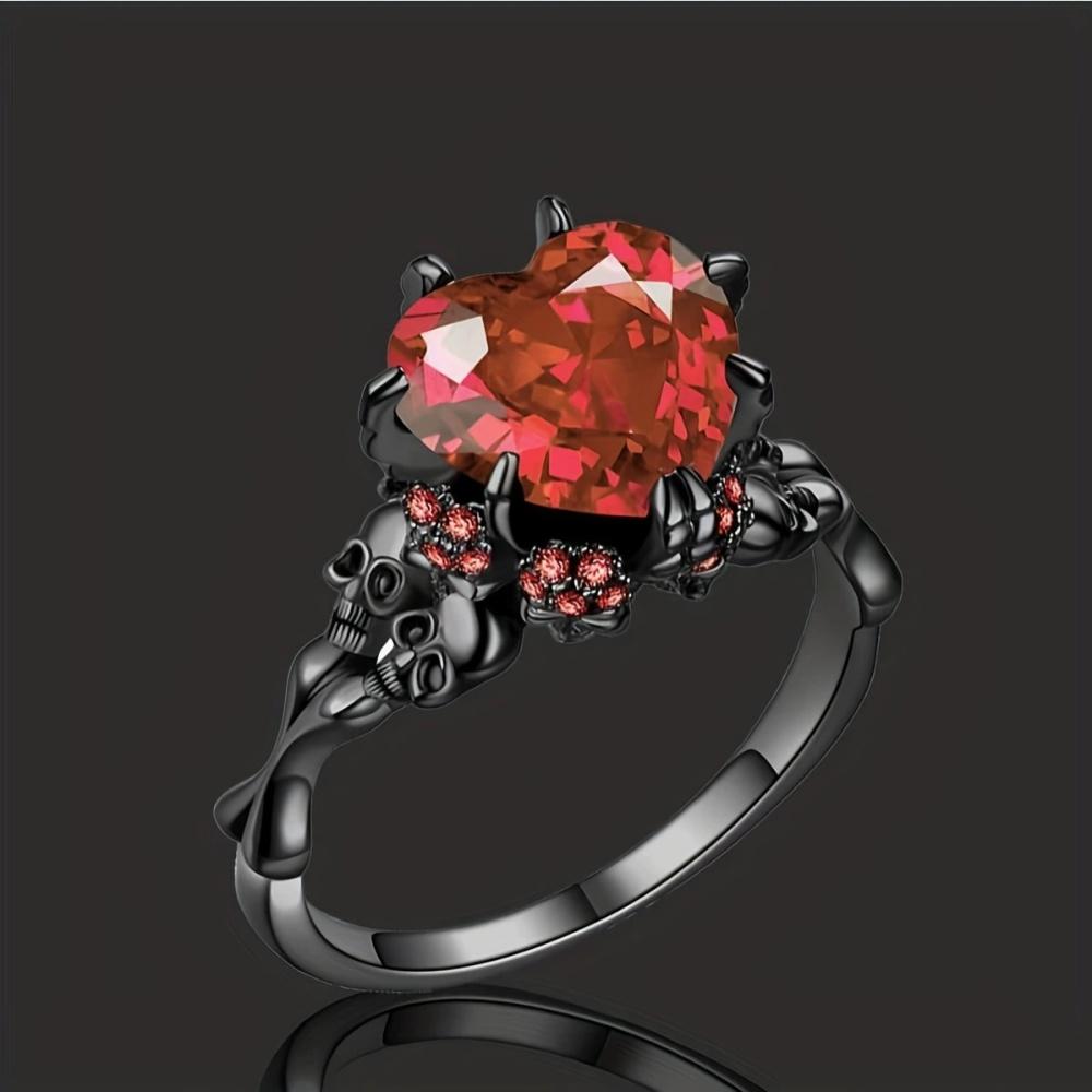 Hot Geometry Zircon Skull Head Heart Ring Unique Fashion Versatile Gothic Personality Dark Couple Jewelry Gift