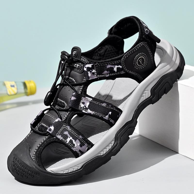 Men s Wide Toe Genuine Leather Closed-Toe Sandals - Large, Non-Slip, Breathable, Casual Outdoor Beach Shoes 38