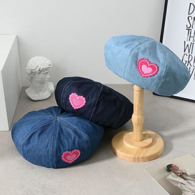 Women Denim Beret Hat Spring Autumn Pink Love Heart Octagonal Caps For Girl Lady Outdoor Casual Painter Artist Cap