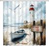 Nautical Coastal Shower Curtain Ocean Beach Lighthouse Vintage Sailboat Seagull Seaside Wild Grass Summer Watercolor Bathroom