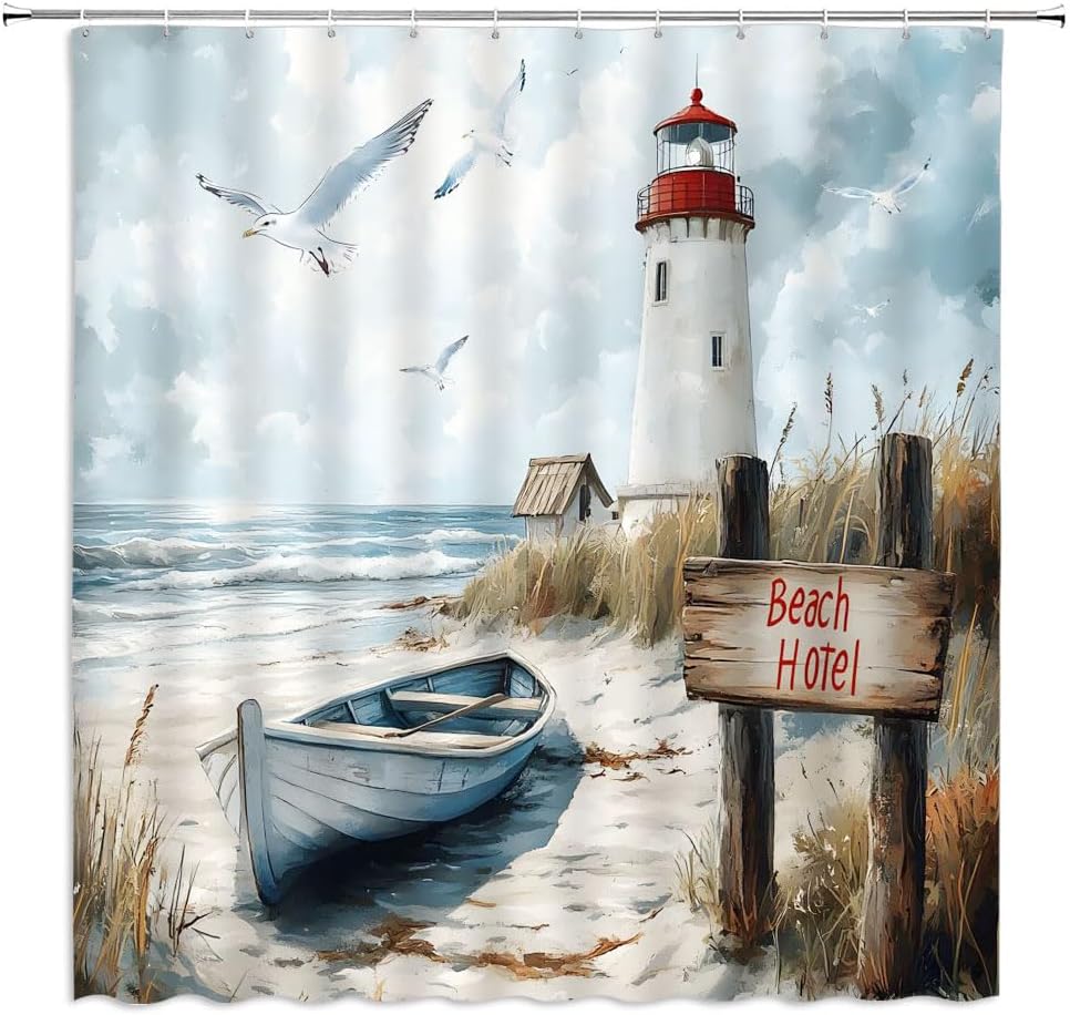 Nautical Coastal Shower Curtain Ocean Beach Lighthouse Vintage Sailboat Seagull Seaside Wild Grass Summer Watercolor Bathroom