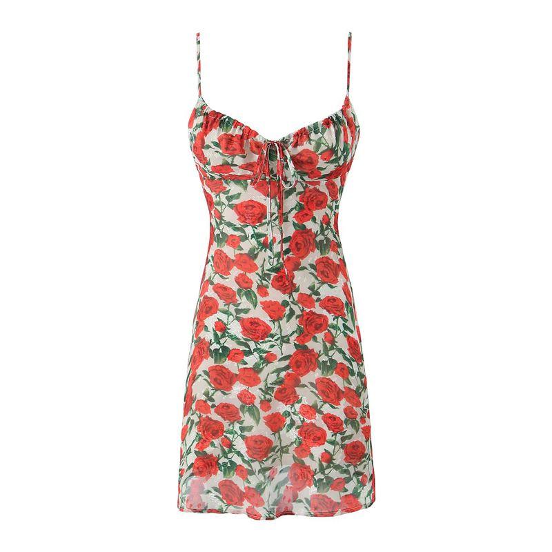 

Red Rose French Slim Looking Dress Floral Strap Short apricot bottom Rose M