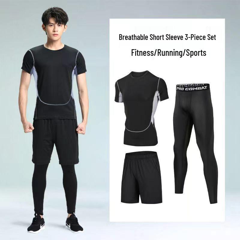 Pánské rychleschnoucí sportovní oblečení z ledového hedvábí s těsným střihem: Set s krátkým rukávem a pětibodovými kalhotami na letní fitness a běh