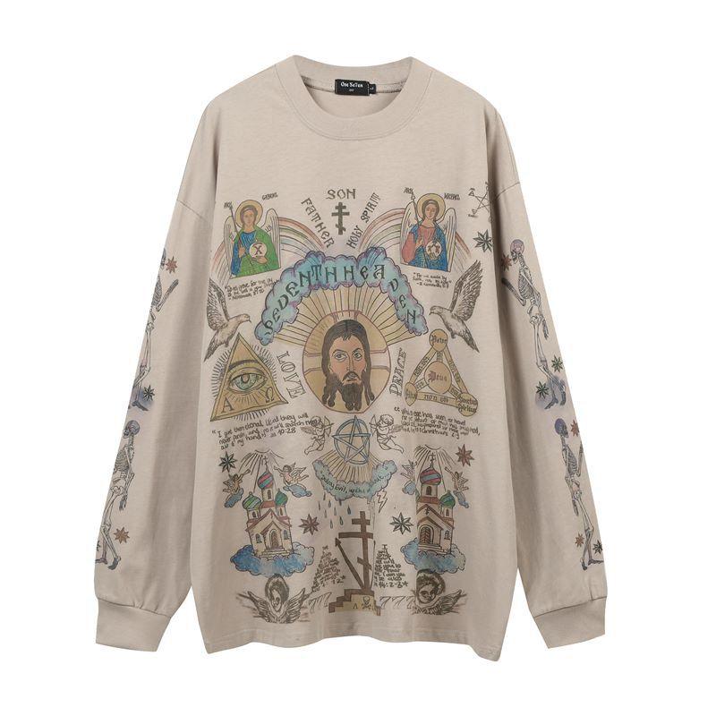 

American Street Oversize Graffiti Long-Sleeved Bottom T-Shirt Men S And Women S Vibe Hip-Hop Trendy Long Tee Shirt XXL