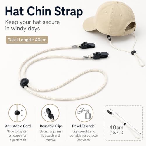 Hat Chin Strap: White Adjustable Clip Windproof Keeper - Secure Fit for Fishing Travel Outdoor Hat Accessories