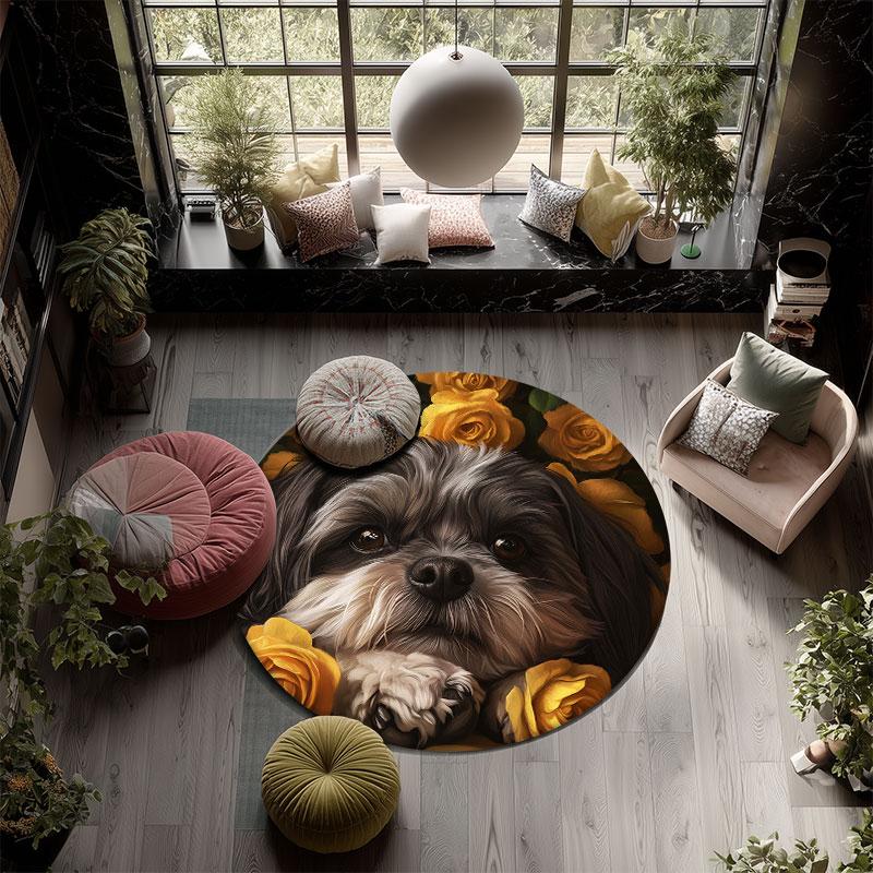 Shih Tzu & Flowers Pattern Round rug,Carpet Rug for Living Room Bedroom Playroom ,Non-slip Floor Mat,Holiday Gifts and Birthday Gifts.