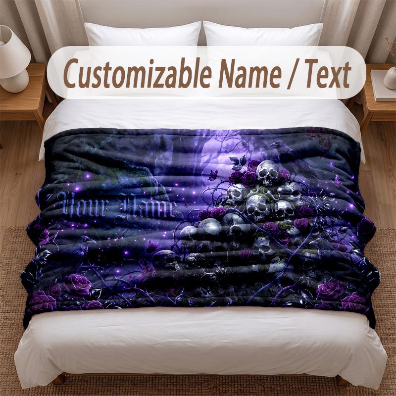 Skull Gothic Theme Soft Blanket Personalized Custom Name Text Print Warm Blanket Home Sofa Bedroom Decor