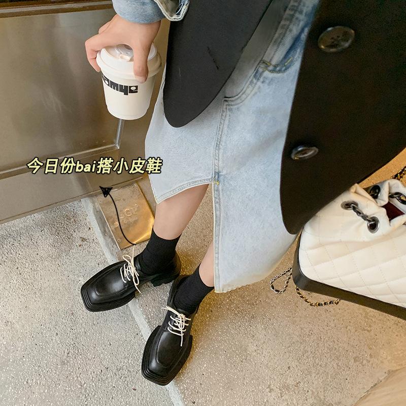 College Style Square Head Loafers 2025 Spring Cowhide Lace-up Cao Cake Height Increase Casual Single Shoes Women's Casual Versatile