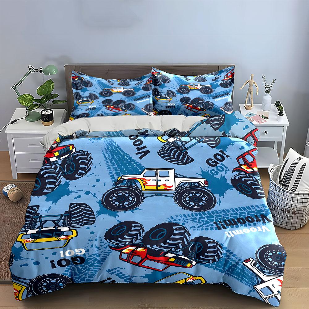 Monster Truck Print Bedding Set for Kids kid's and adults' bedroom decor, Exquisite three-piece bedding set gift