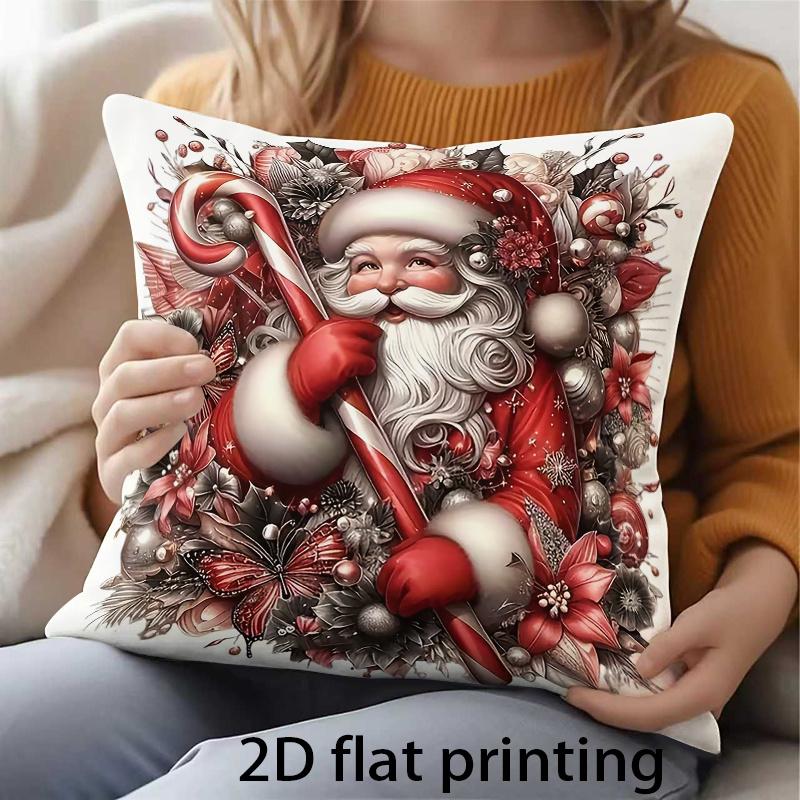 2D Flat Print 1pc Background Vintage Watercolor Santa Claus Holding Candy Cane, Poinsettia, Silvery Ball Ornament, Red Butterfly, Pine Branch, Snowfla