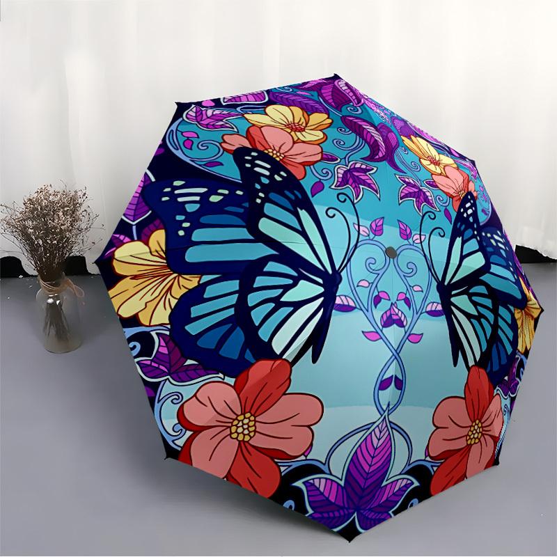1pc Butterfly Flowers Automatic Open/Close Umbrella, Portable Folding Umbrella, Compact Travel Umbrella for078