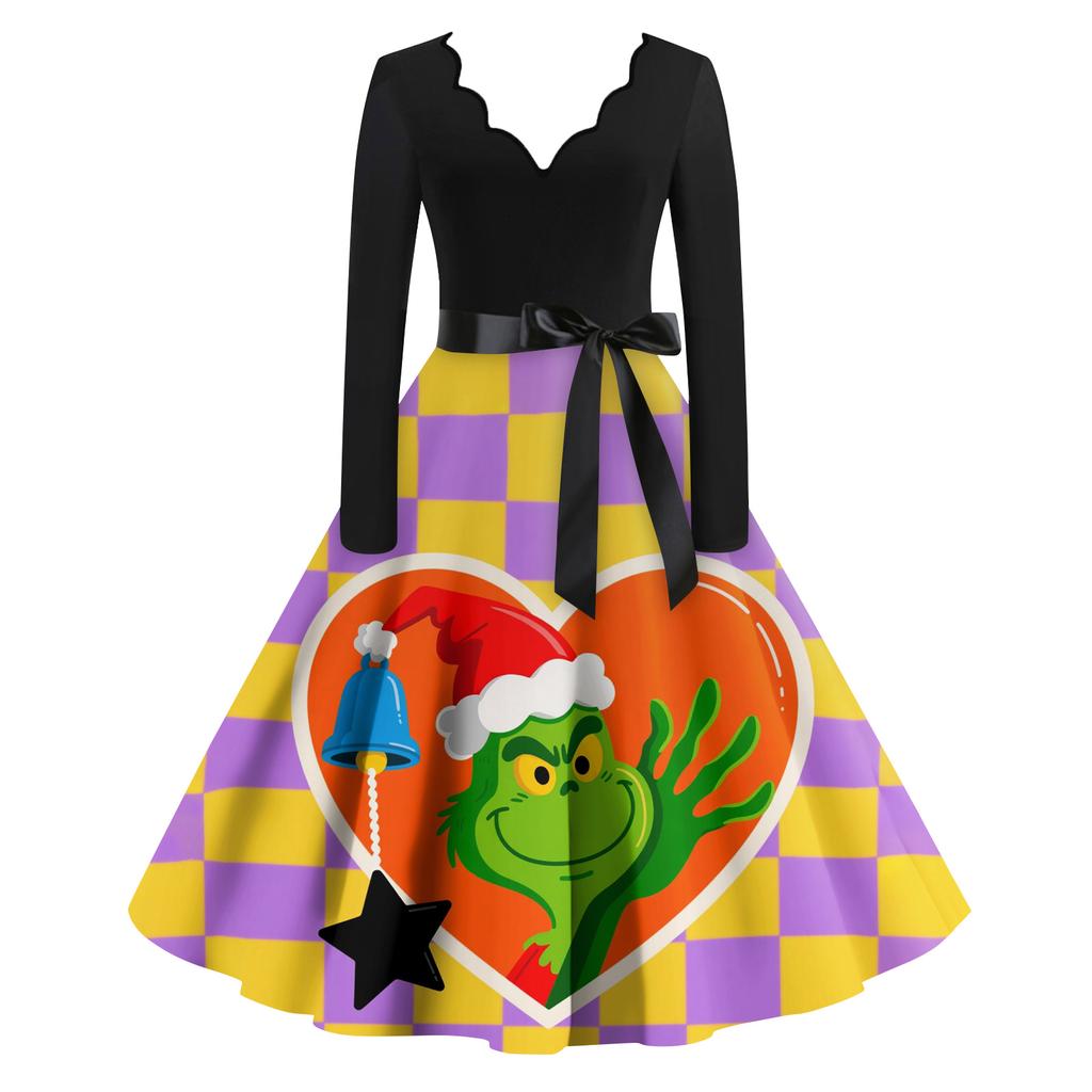 Ladies' Fashionable Retro Long Sleeved Square Neck Christmas Printed Evening Dress Dress