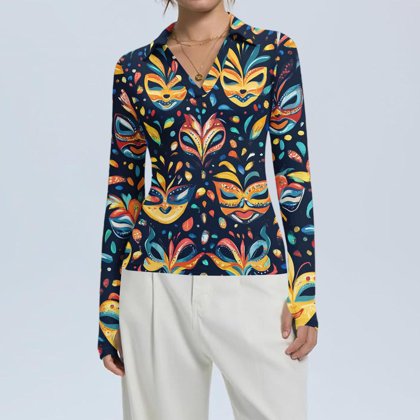 

Женская Мода Повседневный Принт V-образный Вырез Длинный Рукав Застежка на Пуговицы Топ L