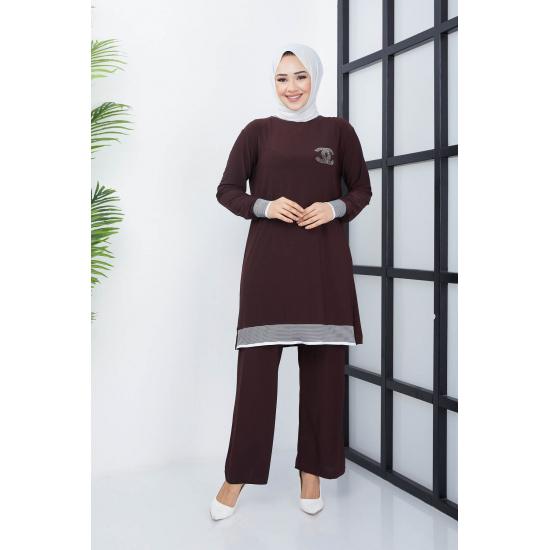 Islamska szafa damska prążkowana tunika spodnie garnitur hidżab