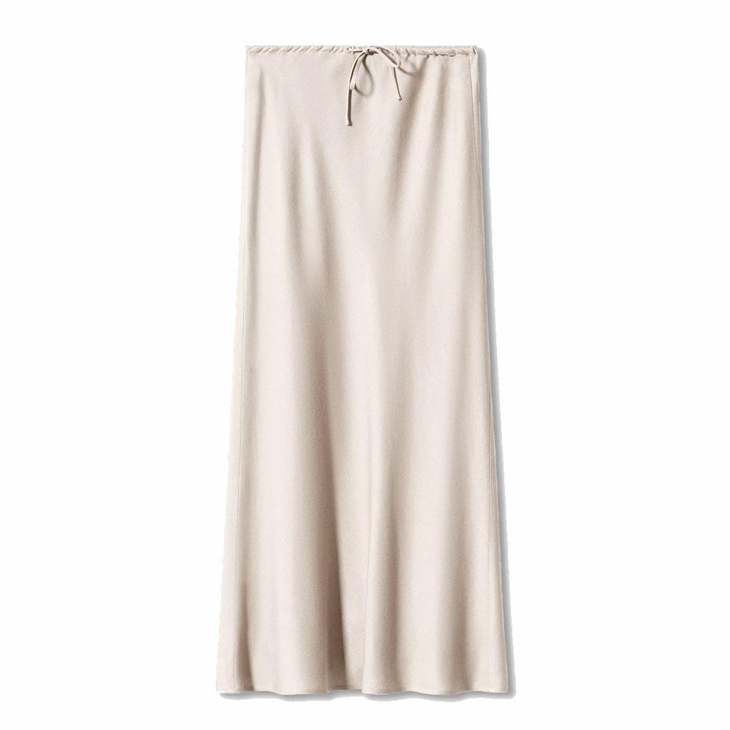 A Line Long Satin Skirts for Women Black Elegant High Waist Maxi Beige Skirts Silk Lace Up Long Skirt Women