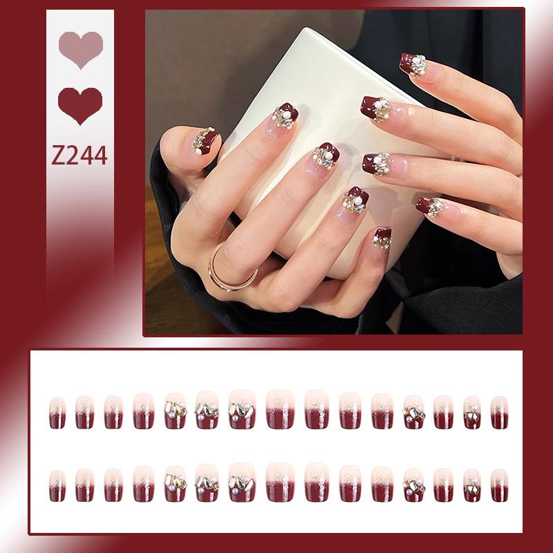 

Осенне-зимние наклейки для французского маникюра цвета бургунди с жемчугом и бриллиантами Glue Set