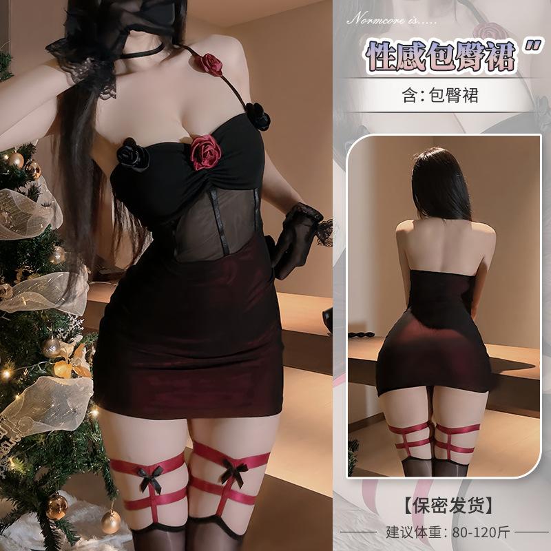 Domila Dark Spice Girl Perspective Mesh Three-dimensional Flower Neck Sex Underwear Sexy Backless Slim Dress