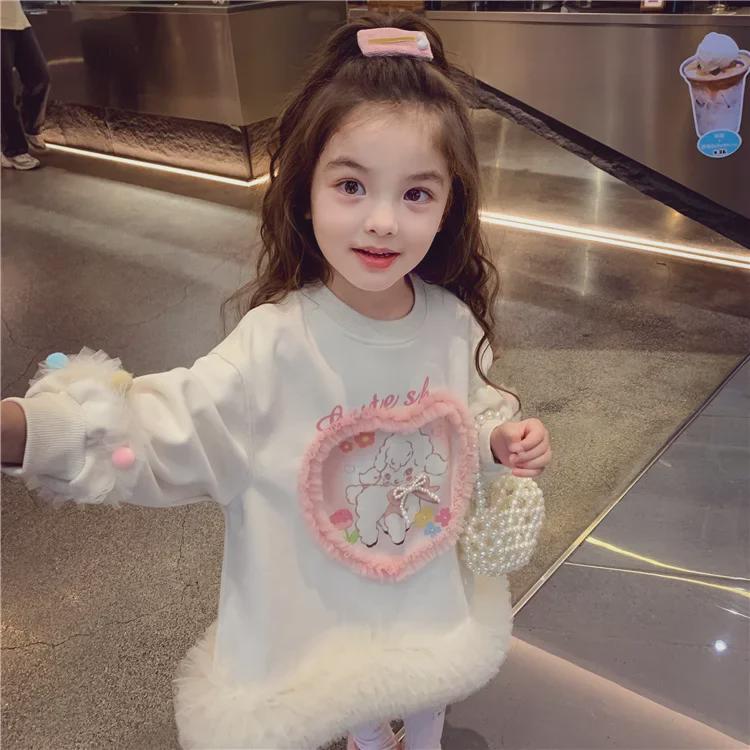 Autumn 2024 Casual Sweater Mesh Princess Dress for Little Girls
