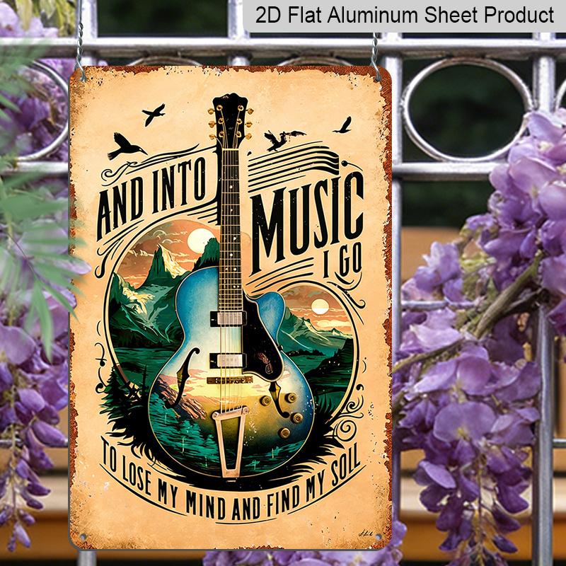 2D Flat 1pc Vintage Guitar & Music Note Metal Wall Art Sign - 12x8 Inch Aluminum Lyric Plaque "Into Music I Go" / "to Lose My Mind & Find My Soul