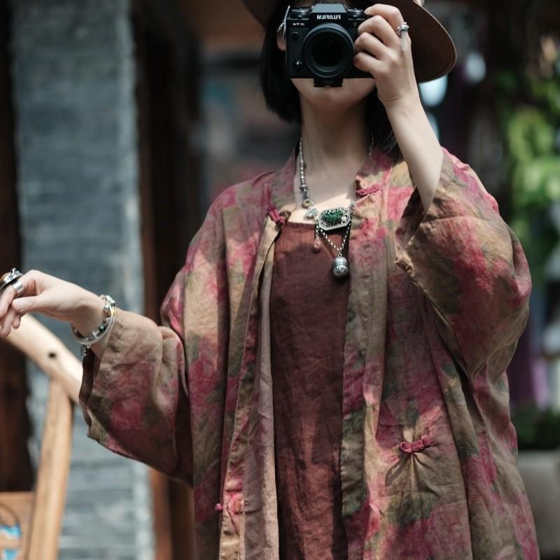 Johnature Fashion Print Chinese Style Shirt Spring Summer Woman Collar Casual Vintage Long Sleeve Shirt