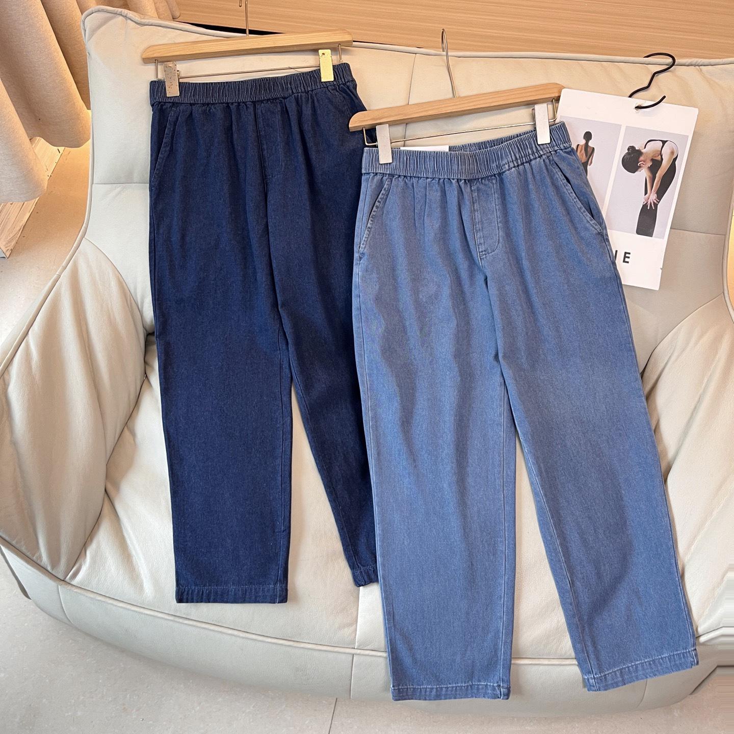 

Women s Japanese Style Elastic Waist Cropped Denim Pants - Washed Cotton Casual Versatile Jeans Small морской синий