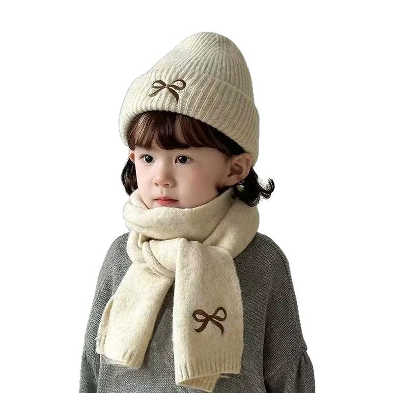 2Pcs Set Korean Children's Hats And Scarves Winter 1-8Y Kids Stylish Bowknot Boy Girl Toddler Windproof Knitted Woolen Cap Scarf