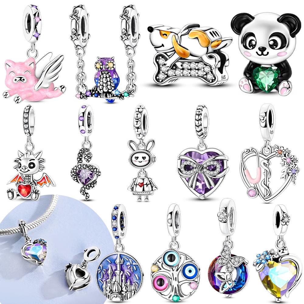 Original Love Purple Heart Cat Life Tree Bow Tie Pendantcopper Pink Animal Bead Fit Bracelet Women Accessory Gift Jewelry