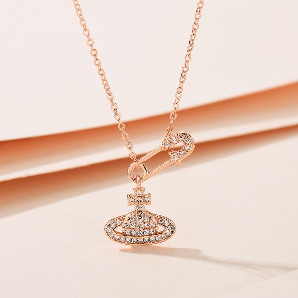 Высококачественная Горячая Распродажа Полностью Алмазная Булавка Цепочка на Ключицу Vivian Saturn Искрящееся Ожерелье