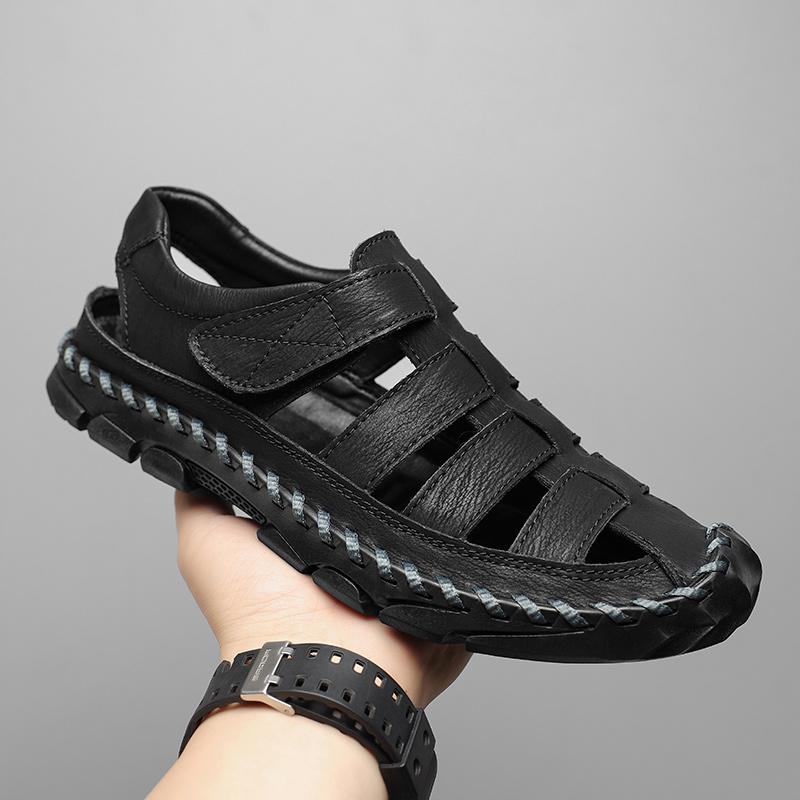 Summer Men's Leather Shoes Male Sandals Handmade Hollow Flats Quick Dry Wading Shoes