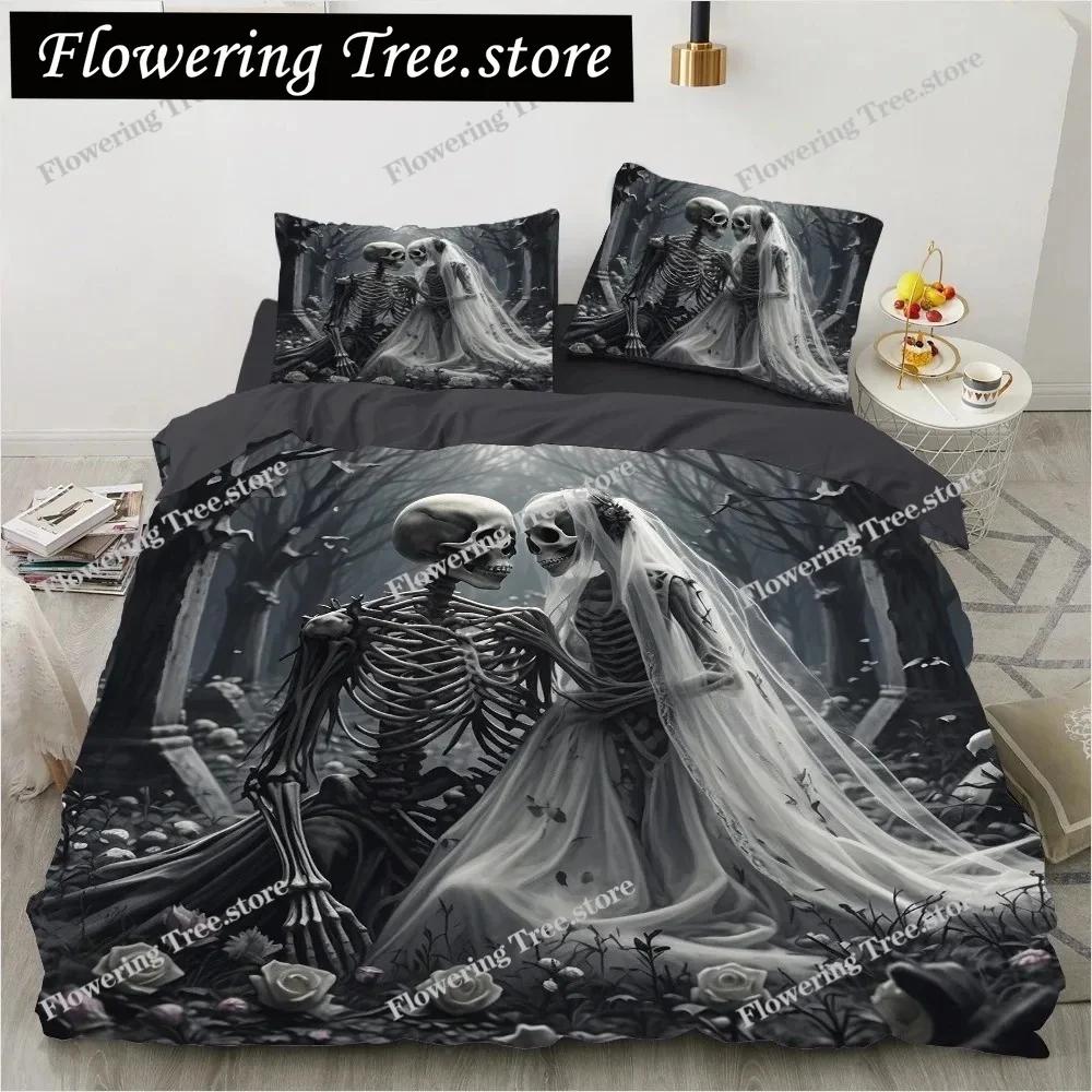 Skull Wedding Cartoon Comforter Sets Bedding Set Double Queen King Twin Full Size Duvet Cover Set Kids Girls White Bed Linen