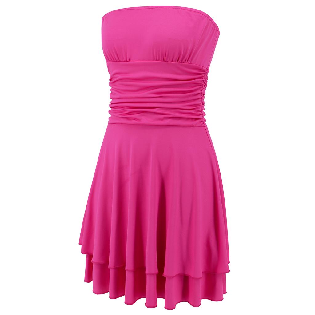 Women Strapless Mini Dresses Ladies Elastic Waist Clubwear Party Pleated Dress Vestidos
