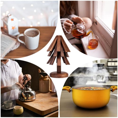 Wooden Trivet for Hot Dishes, Foldable Wooden Tree Trivet, Handmade Tree-shaped Trivet Set with Stand, Reusable Heat-resistant Coasters for Home Kitch